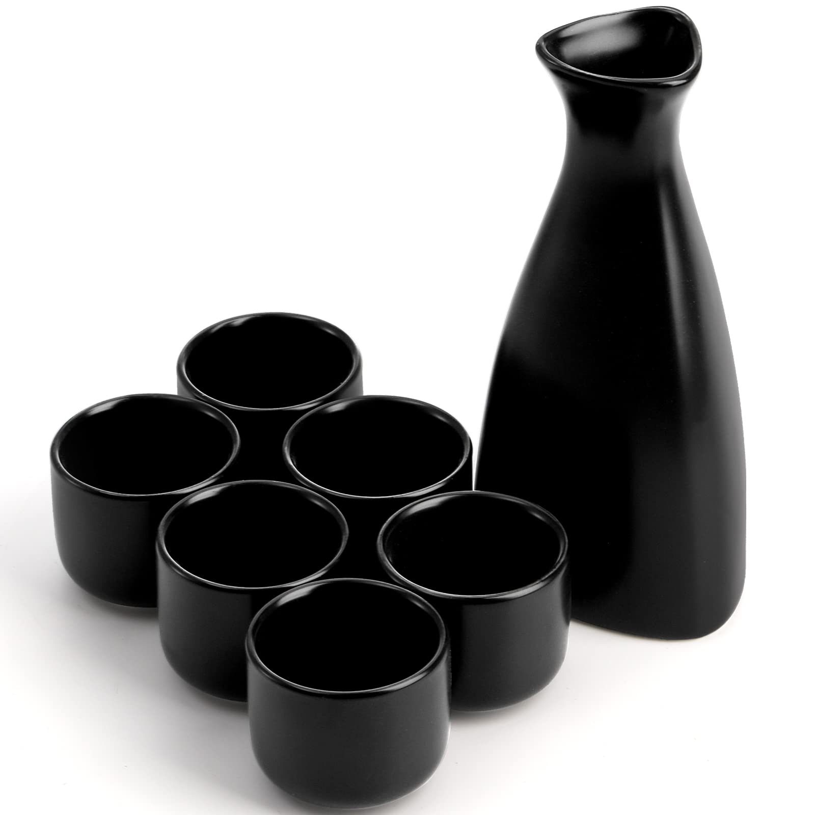 Tosnail 7 Pieces Ceramic Japanese Sake Set, 1 Serving Carafe and 6 Cups - Black