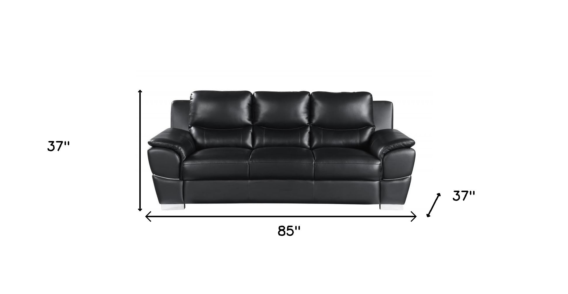 HomeRoots 85" Black Leather Sofa with Silver Legs