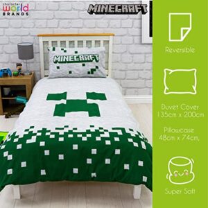 Minecraft Official Single Kids Duvet Cover Set | Character World Brands Pixels Design Reversible 2 Sided Bedding Including Matching Pillow Case | Gaming Single Bed Set Polycotton