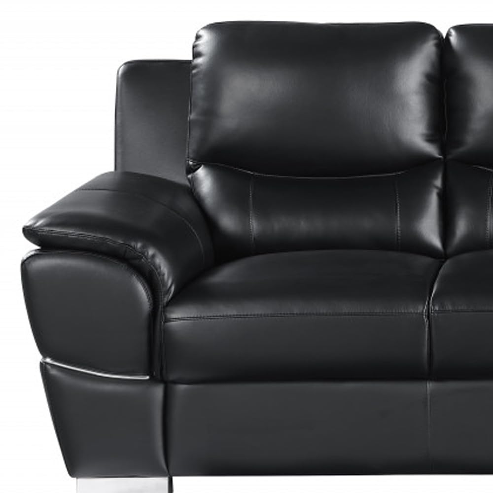 HomeRoots 85" Black Leather Sofa with Silver Legs