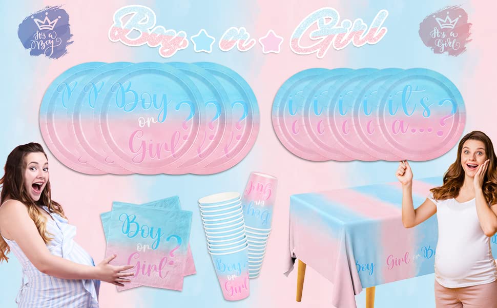 Baby Gender Reveal Party Supplies, Boy or Girl Disposable Paper Plates Napkins Cups Tablecloth for Baby Shower Decorations, Serve 25