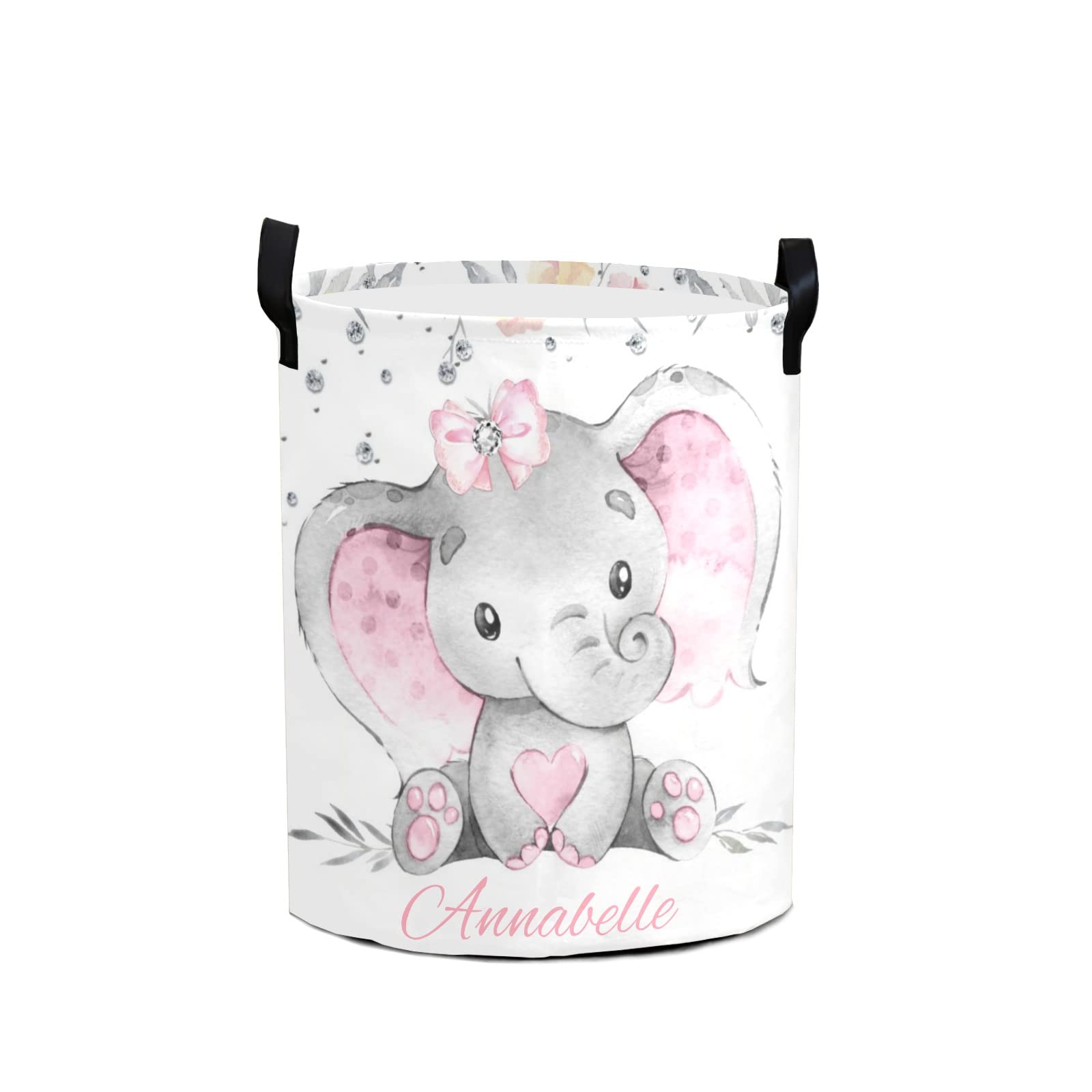 Pink Gray Elephant Diamond Personalized Waterproof Foldable Laundry Basket Bag with Handle, Custom Collapsible Clothes Hamper Storage Bin for Toys Laundry Dorm Travel Bathroom