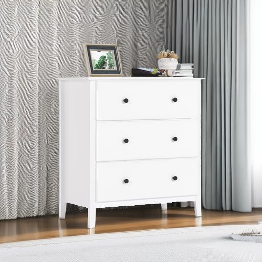 Hasuit White Dresser for Bedroom, 27.5''W Dresser with 3 Drawers, Modern Chest of Drawers, Large Capacity Solid Wood Dresser, Storage Cabinet for Bedroom, Hallway (Modern White)