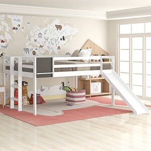 merax full size junior wood loft bed with slide loft bunk bed for girls boys,white