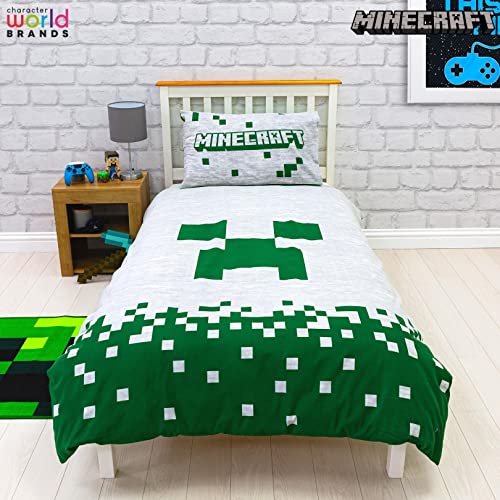 Minecraft Official Single Kids Duvet Cover Set | Character World Brands Pixels Design Reversible 2 Sided Bedding Including Matching Pillow Case | Gaming Single Bed Set Polycotton