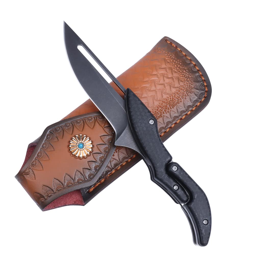 MASALONG Residual Wings KNI191 Damascus / 5cr15 steel folding collection knife (Straight back black blade+sheath)