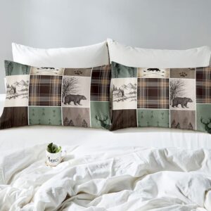 VIVIHOME 3PCS Rustic Cabin Bedding, Duvet Cover Queen, Woodland Animals Wildlife Deer Elk Moose Black Bear Hunting Lodge Country Farmhouse Bedding, Plaid Patchwork Quilt Comforter Cover, 2 Pillowcases