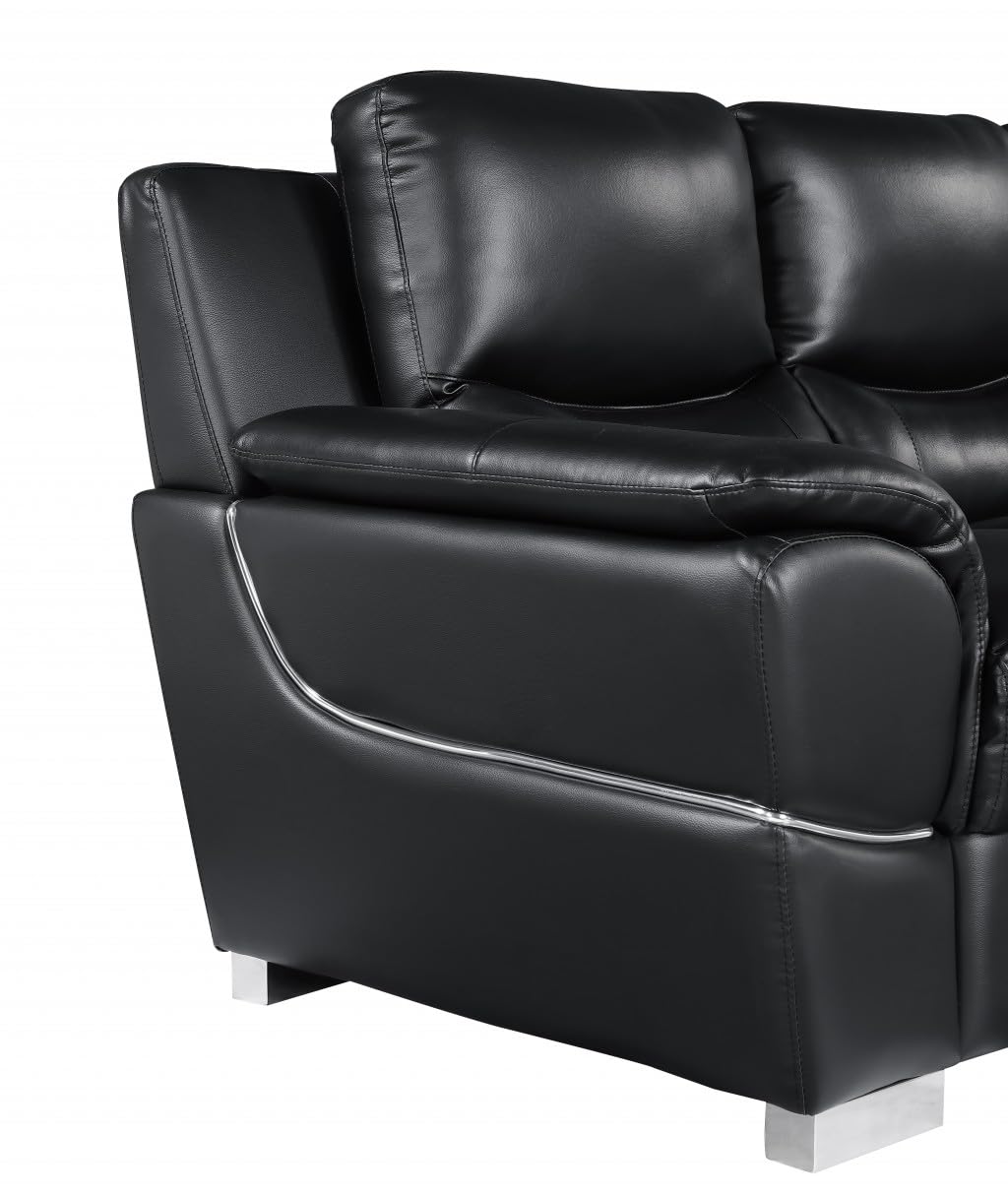 HomeRoots 85" Black Leather Sofa with Silver Legs