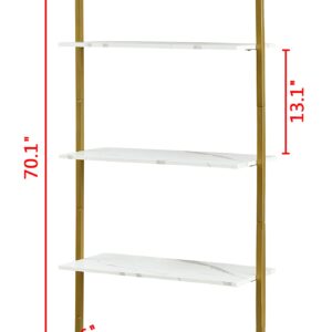 Tajsoon 5-Tier Ladder Shelf, Large Wall Mount Bookshelf with Metal Frame, Open Display Shelves for Living Room, Bedroom, Home, Plant Flower, White & Gold