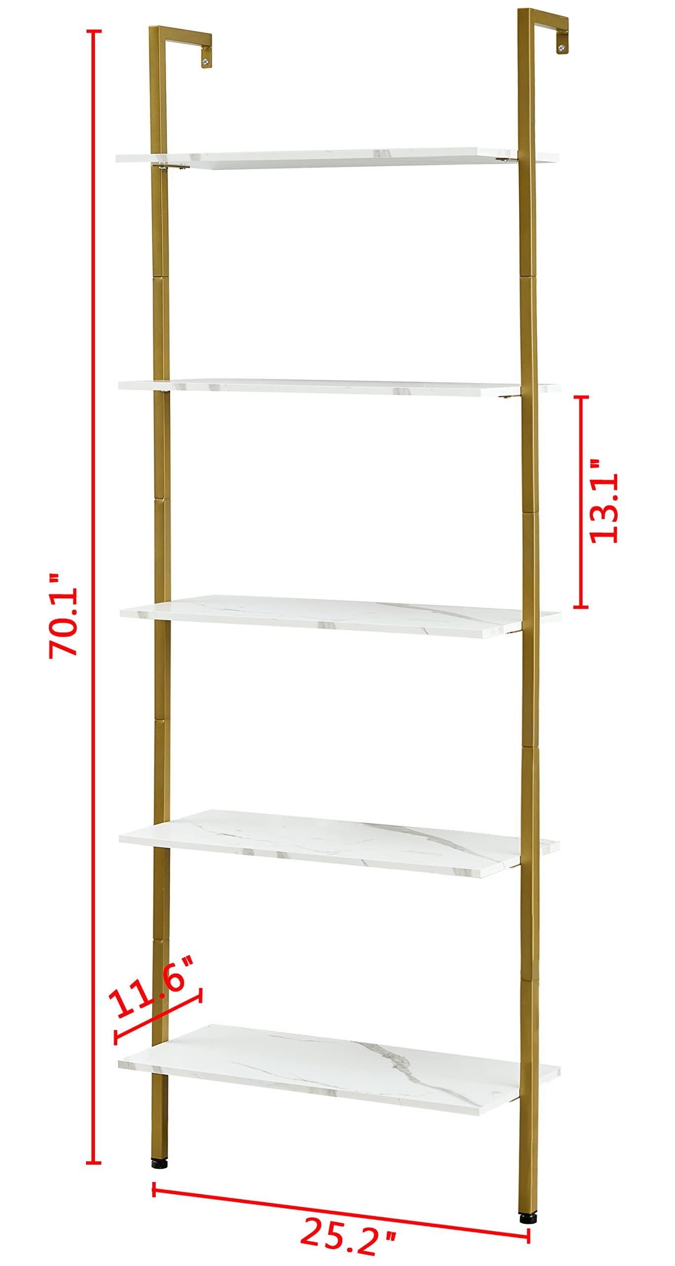 Tajsoon 5-Tier Ladder Shelf, Large Wall Mount Bookshelf with Metal Frame, Open Display Shelves for Living Room, Bedroom, Home, Plant Flower, White & Gold