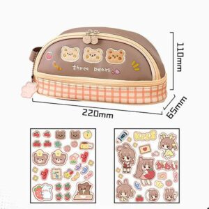 AONUOWE Kawaii Pencil Case with Sticker Cute Bear Pink Pencil Cases Large Pencil Pouch Kawaii Stationery Supplies (Boba Bear)