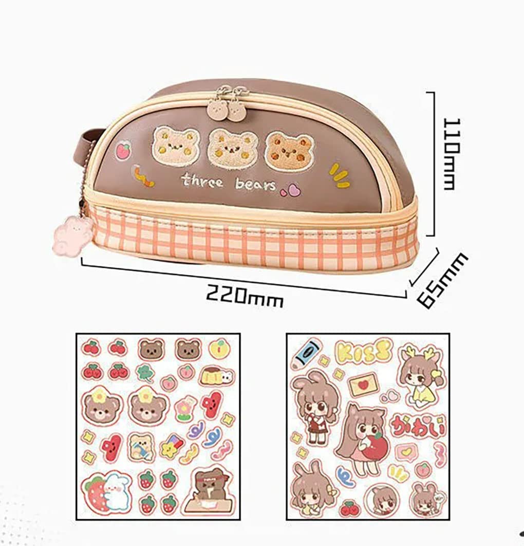 AONUOWE Kawaii Pencil Case with Sticker Cute Bear Pink Pencil Cases Large Pencil Pouch Kawaii Stationery Supplies (Boba Bear)