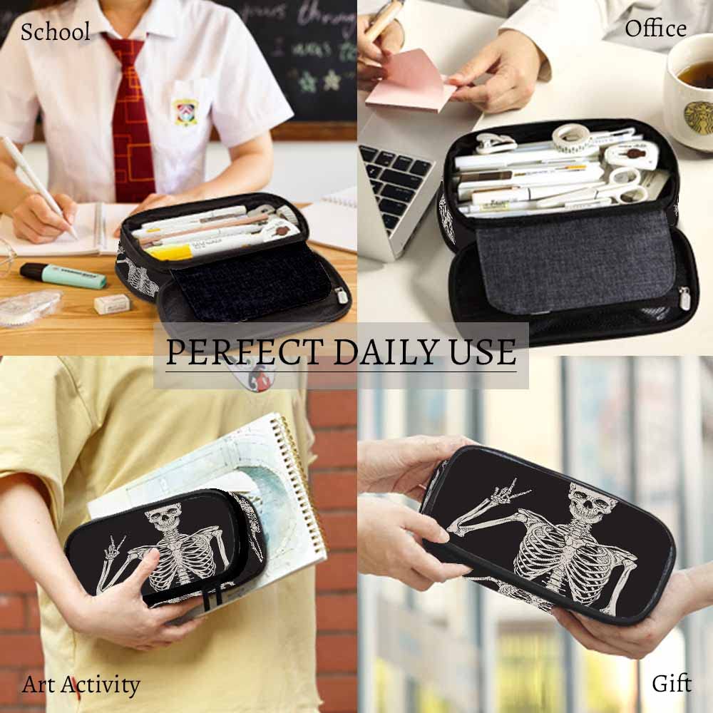 Yekiua Human Skeleton Posing Pen Bag Rock Roll Skull Boho Hippie Large Pencil Case Big Capacity Pencil Pouch Pencil Holder Black