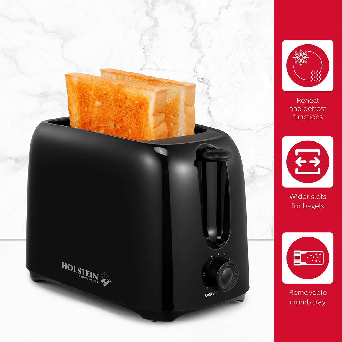 Holstein Housewares - 2-Slice Toaster with 6 Browning Control Settings, Black - Great to Toast Bread, Bagels and Waffles