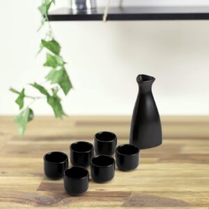 Tosnail 7 Pieces Ceramic Japanese Sake Set, 1 Serving Carafe and 6 Cups - Black