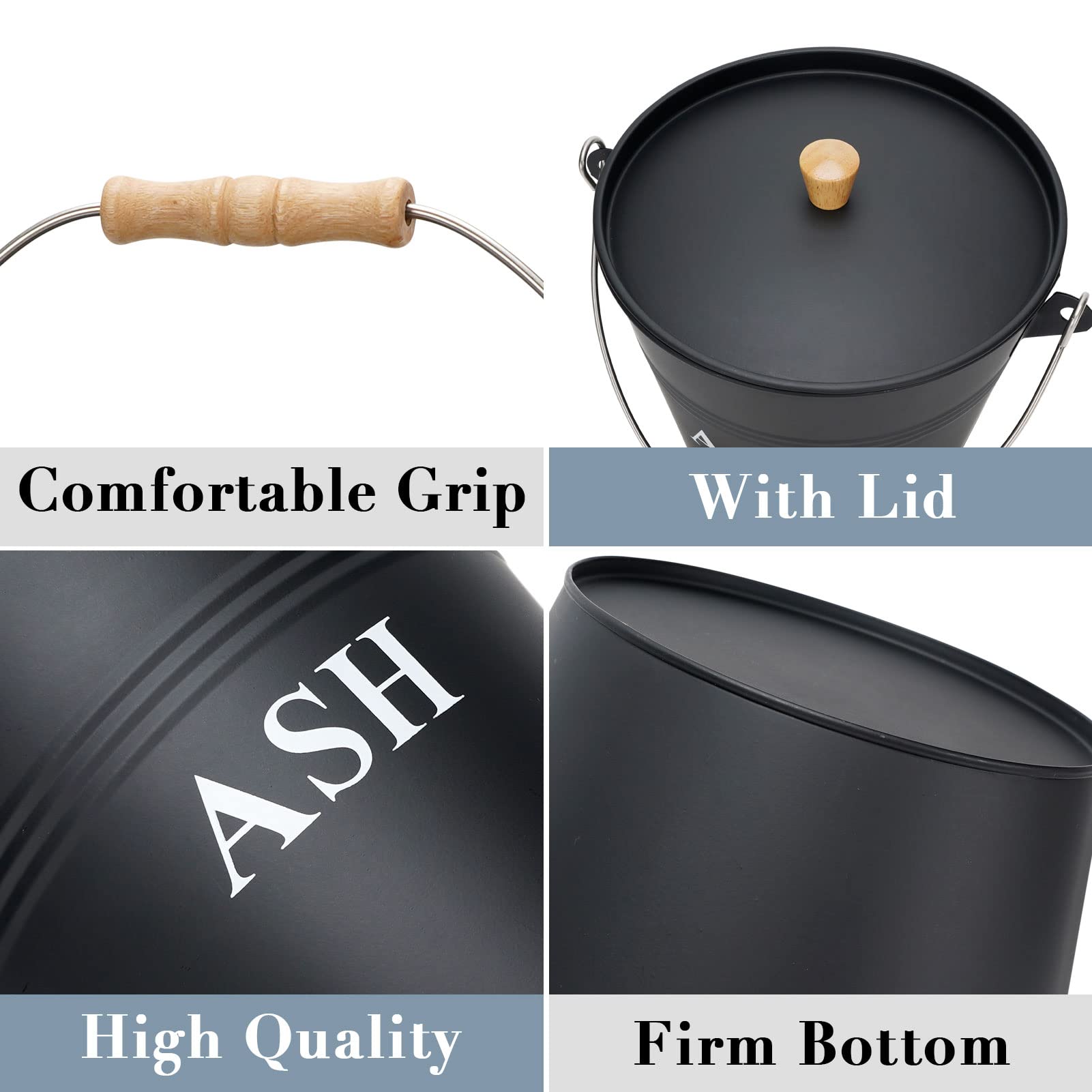 Mini Ash Bucket with Lid, Shovel and Broom, 1.5 Gallon Fireplace Metal Bucket with Lid, Charcoal Bucket and Ash Can for Fireplace, Fire Pits, Hearth, Wood Burning Stoves, Indoor and Outdoor