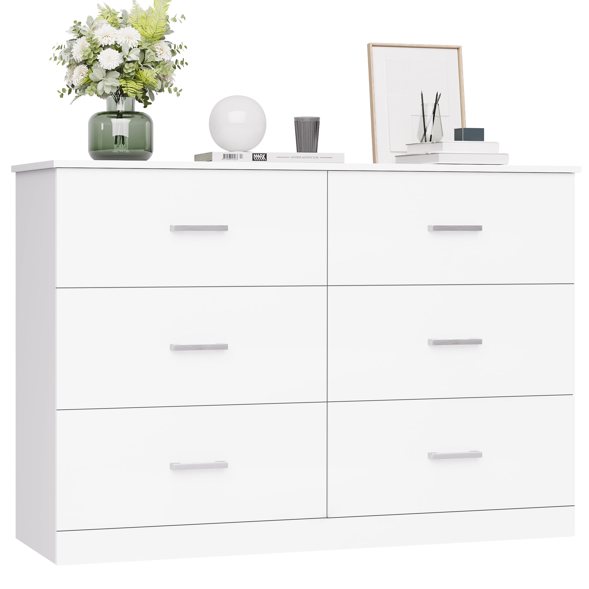 FOTOSOK White Dresser, 47.2'' Large 6 Drawer Dresser Wide Chest of Drawers for TV Stand, Modern Dresser White Floor Storage Drawer Cabinet for Home Office, White