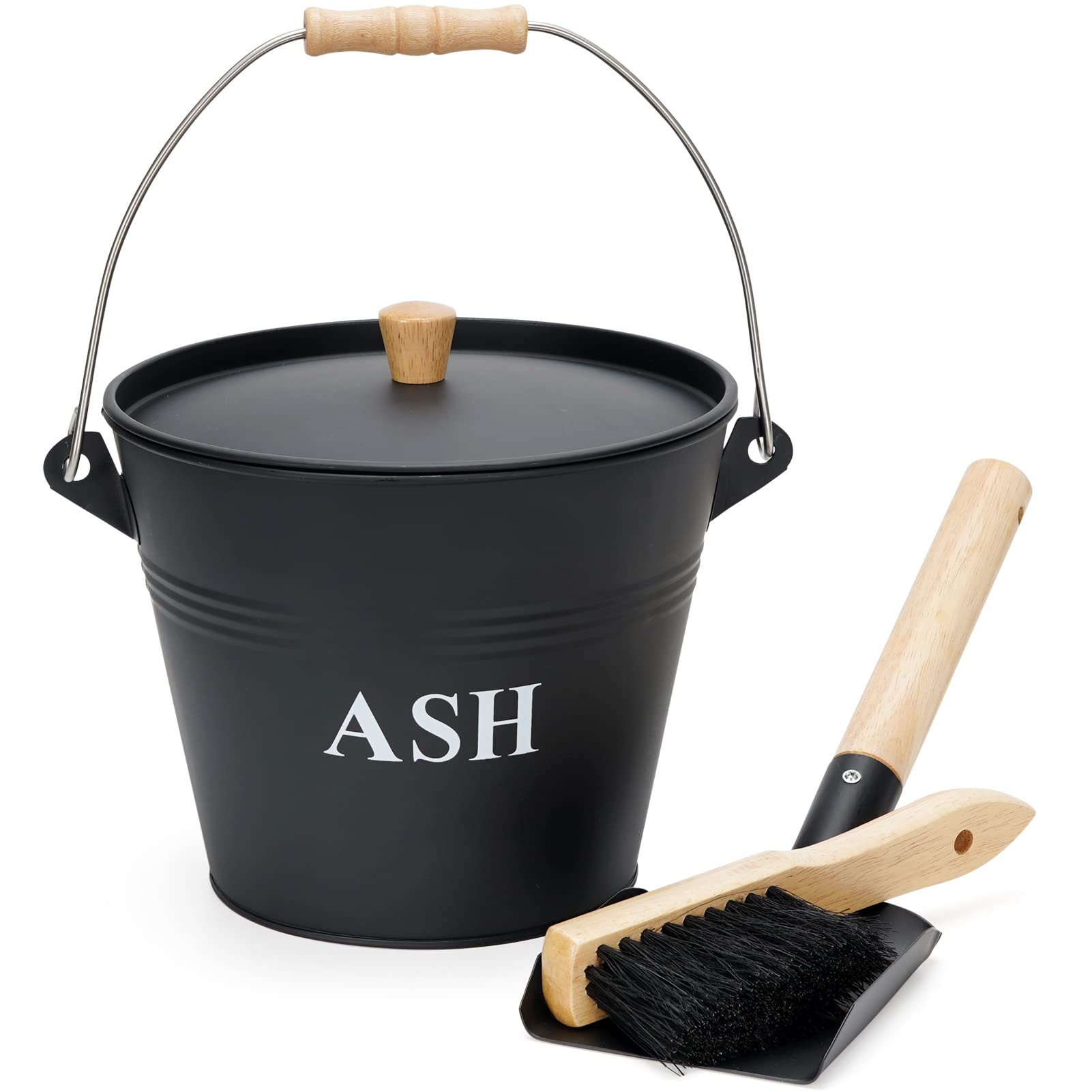 Mini Ash Bucket with Lid, Shovel and Broom, 1.5 Gallon Fireplace Metal Bucket with Lid, Charcoal Bucket and Ash Can for Fireplace, Fire Pits, Hearth, Wood Burning Stoves, Indoor and Outdoor