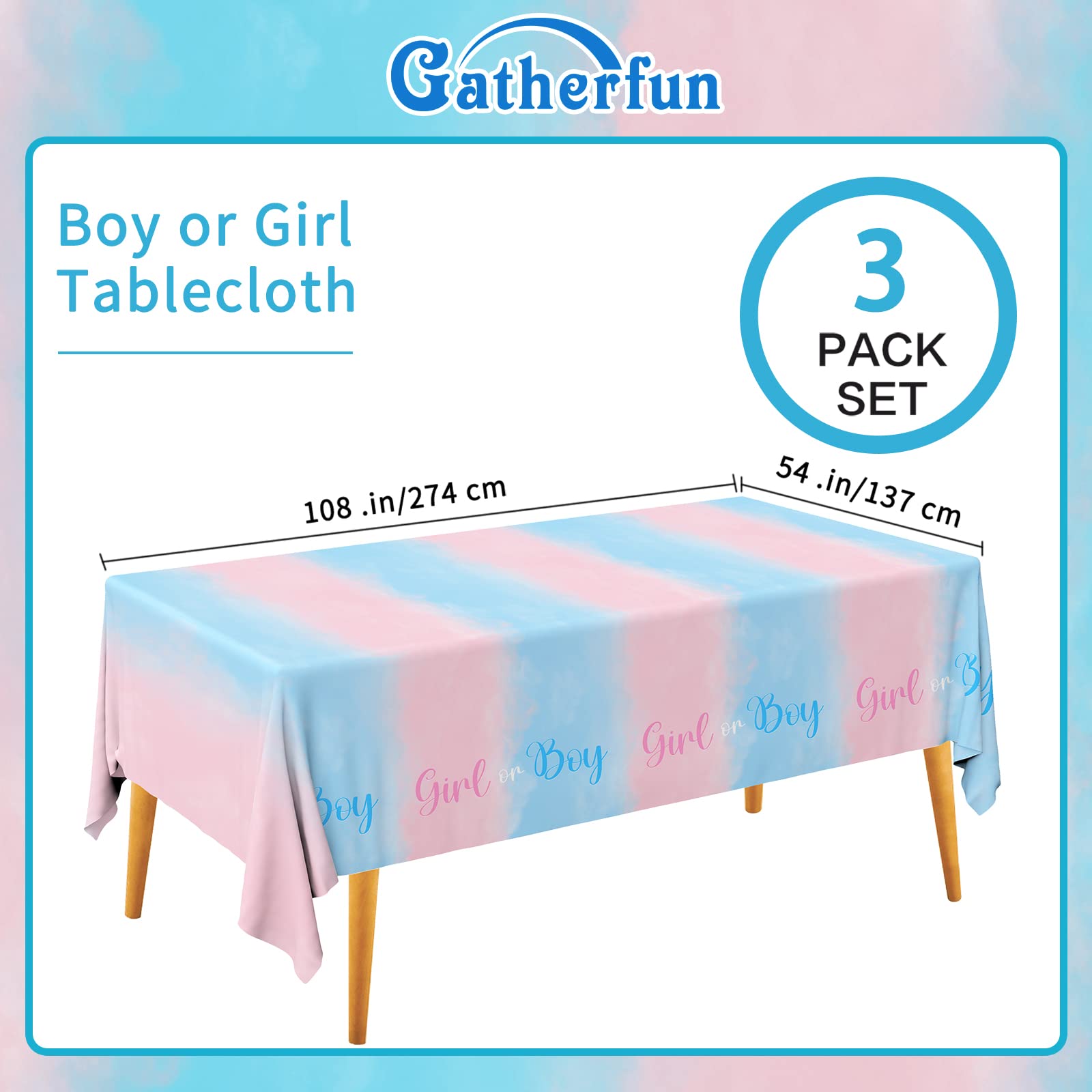 Gatherfun Gender Reveal Party Supplies Disposable Tablecloth Plastic Waterproof Table Cover for Boy or Girl Gender Reveal Party Baby Shower Birthday Party Decorations, 3 Pack 54X108inch