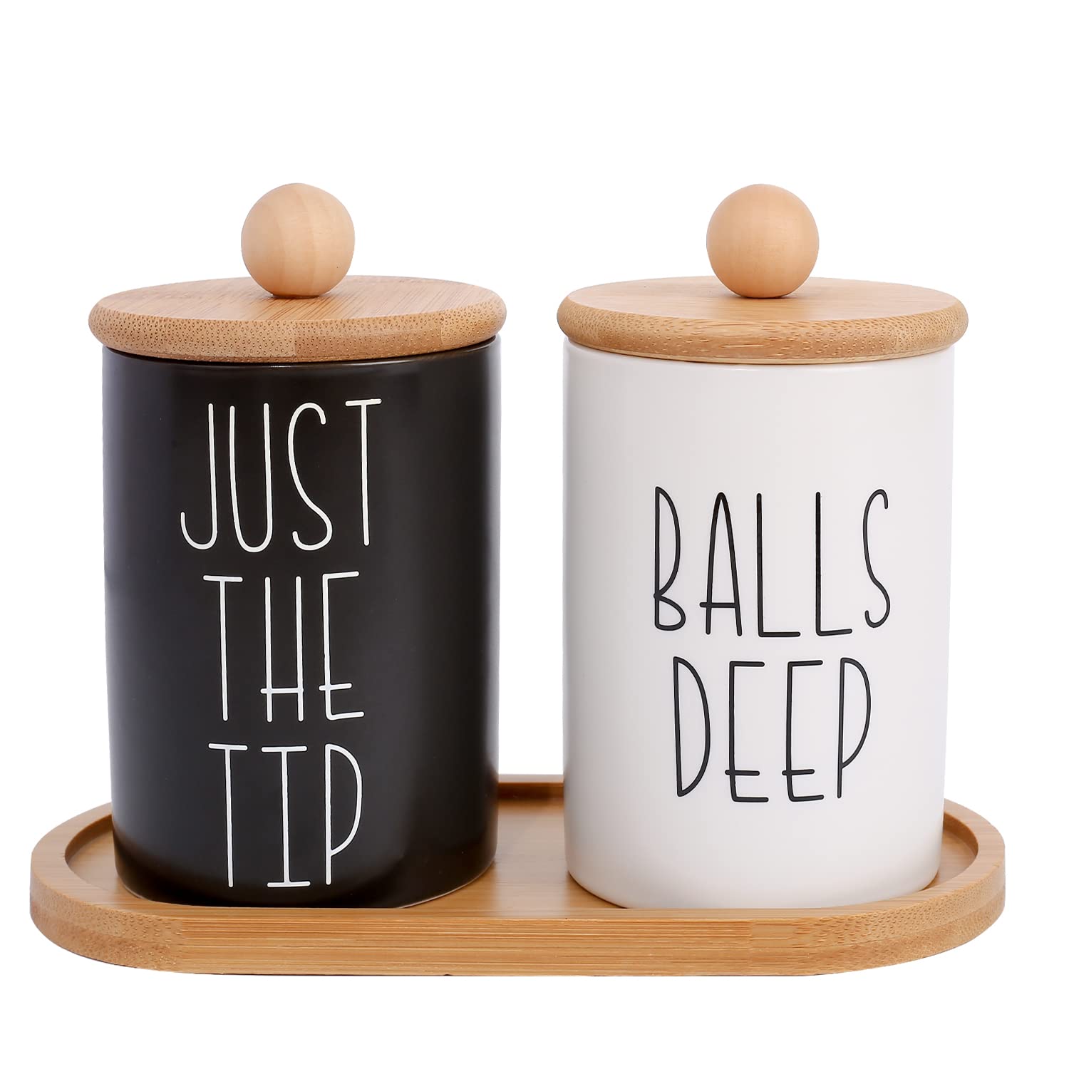 MOMEEMO Funny Qtip Holder and Cotton Ball Holder Set for Bathroom Organization. Apothecary Jars with Bamboo Tray are Great for Black and White Bathroom Decor, Rustic Bathroom Decor. (Ceramic&Tray)