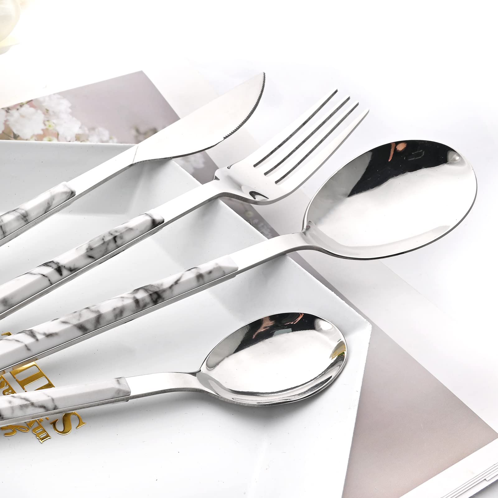 Snplowum 20 Piece (4 Set) Silver Stainless Steel Tableware With White Marble Handle, Wedding Cutlery And Daily Use, Silverware For Home Restaurant Party, Mirror Finished