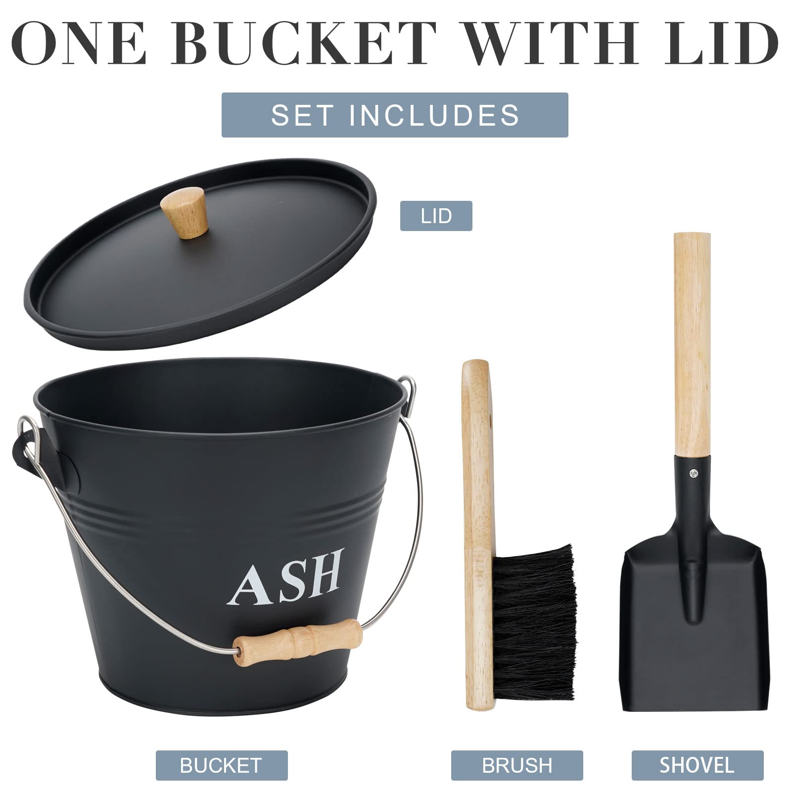 Mini Ash Bucket with Lid, Shovel and Broom, 1.5 Gallon Fireplace Metal Bucket with Lid, Charcoal Bucket and Ash Can for Fireplace, Fire Pits, Hearth, Wood Burning Stoves, Indoor and Outdoor