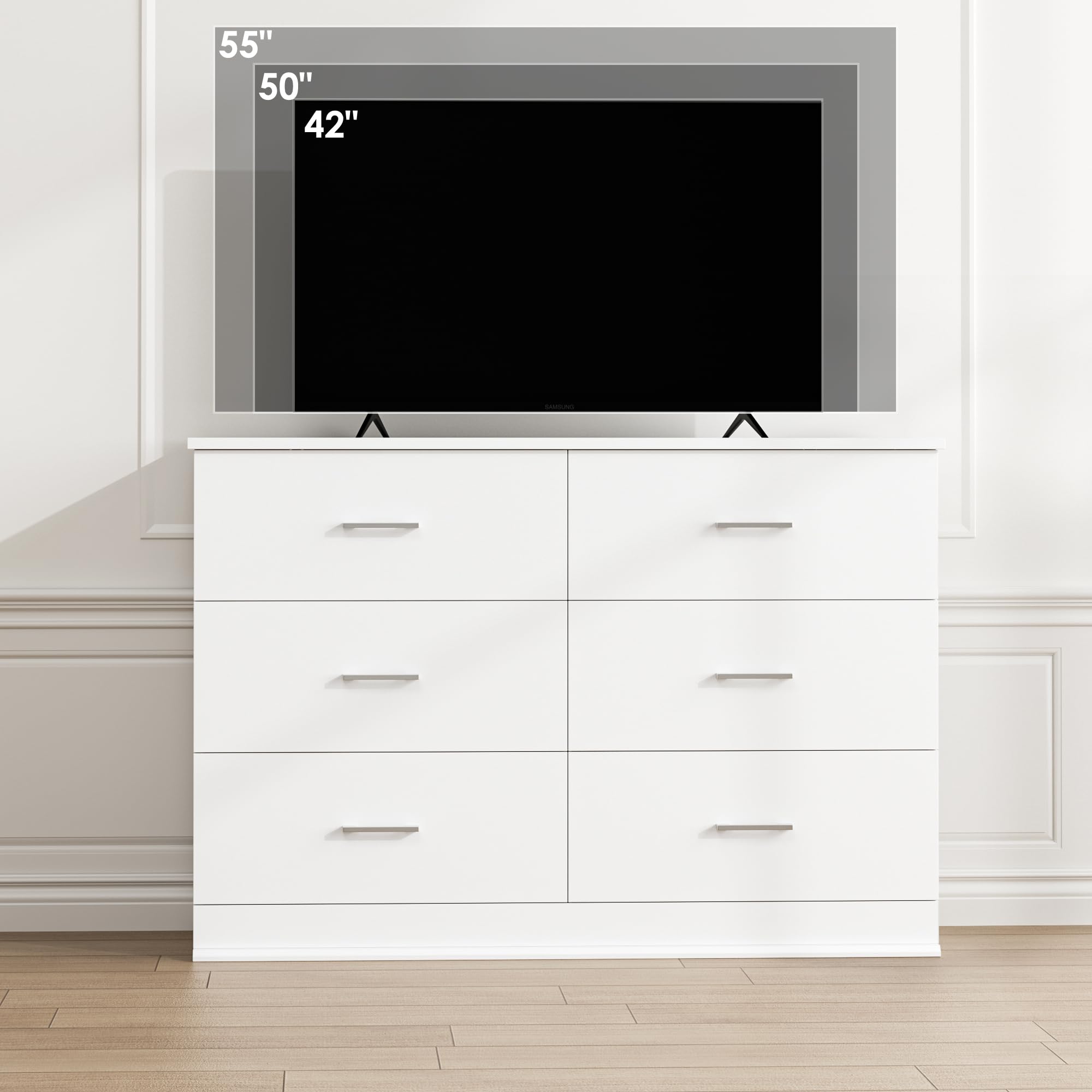 FOTOSOK White Dresser, 47.2'' Large 6 Drawer Dresser Wide Chest of Drawers for TV Stand, Modern Dresser White Floor Storage Drawer Cabinet for Home Office, White