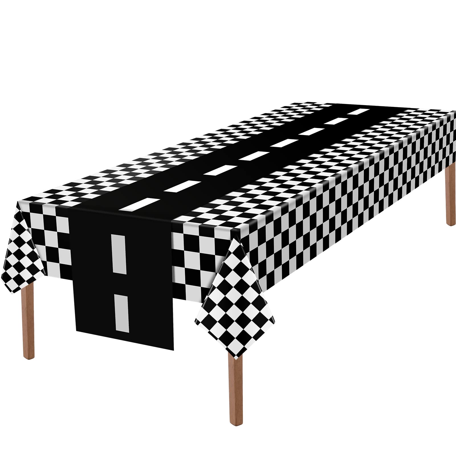 Tallew 2 Pcs Checkered Car Party Supplies Disposable Tablecloth Plastic Table Cover Black and White Checkered Race Table Runner for Racing Birthday Party Decor Favor Supplies (Black,White)