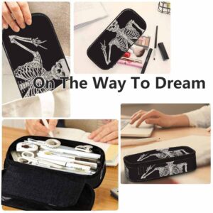 Yekiua Human Skeleton Posing Pen Bag Rock Roll Skull Boho Hippie Large Pencil Case Big Capacity Pencil Pouch Pencil Holder Black