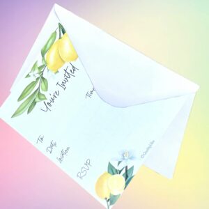 25 Lemon & Greenery Invitations With Envelopes, Weddings, Graduations & Birthdays. Fall & Spring Blooming Lemons Theme. Thick & Non Coated Cardstock For Use With Any Pen.