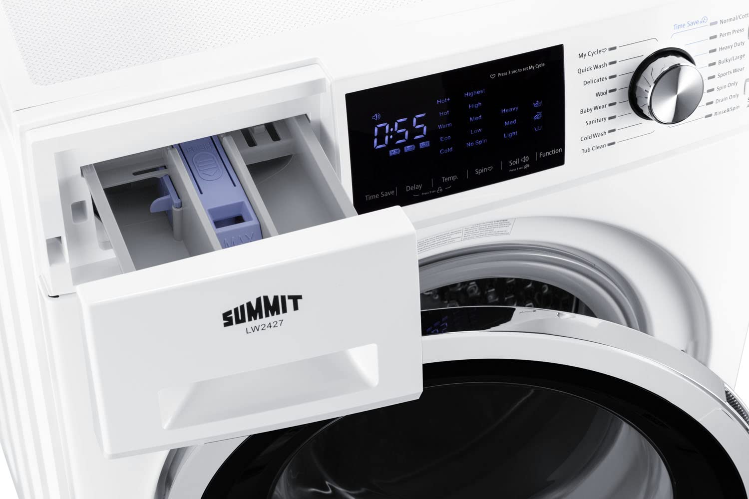 Summit Appliance LW2427 24" Wide ENERGY STAR Certified 110-120V Front-loading Washer with 15 Wash Programs, 1400 RPM, Touchscreen Display, Washing Cycle Selector Knob, Detergent Dispenser