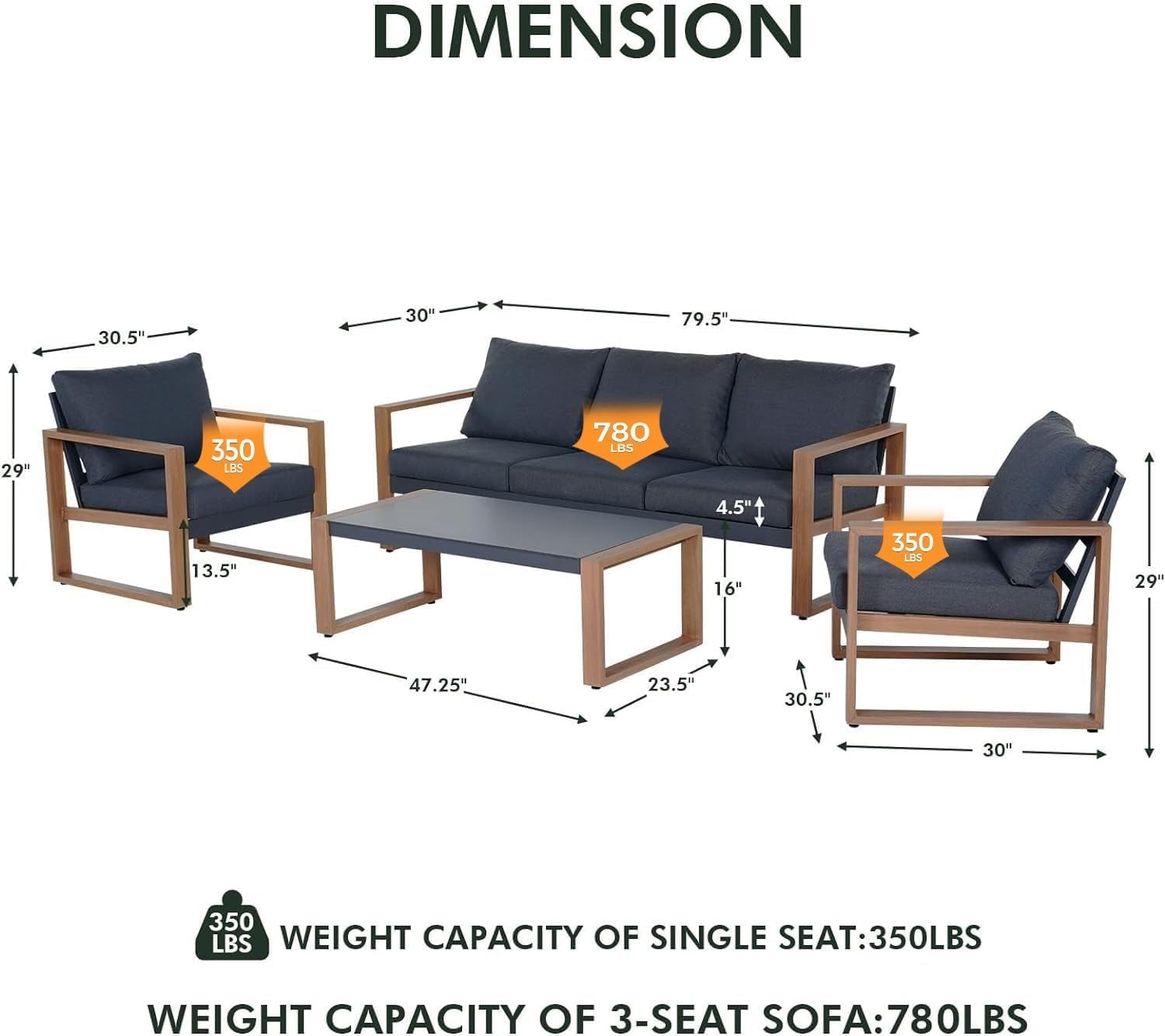 Grand patio Outdoor 4-Piece Modern Aluminum Patio Furniture Sets 5 Person Conversation Set, Faux Wood Grain Finish Frame Sofa with Removable Olefin Extra Thick Cushions and Coffee Table for Garden