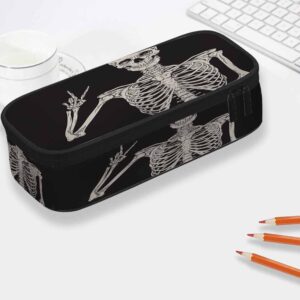 Yekiua Human Skeleton Posing Pen Bag Rock Roll Skull Boho Hippie Large Pencil Case Big Capacity Pencil Pouch Pencil Holder Black