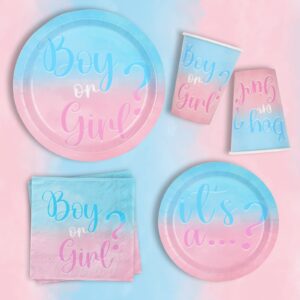 Baby Gender Reveal Party Supplies, Boy or Girl Disposable Paper Plates Napkins Cups Tablecloth for Baby Shower Decorations, Serve 25