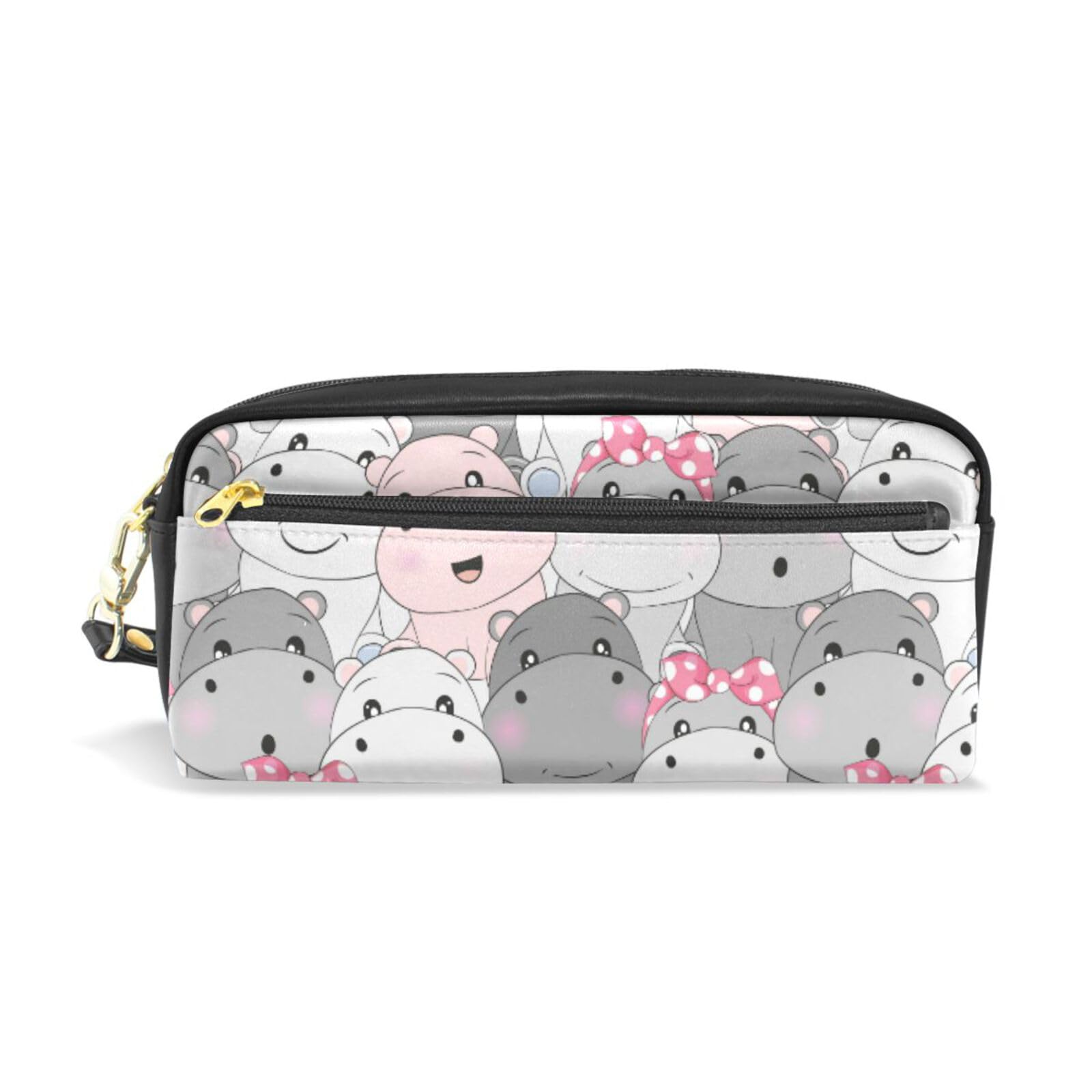 Sletend Large Capacity Pencil Case Hippo Cartoon Portable Pencil Bag PU Leather Comestic Makeup Bag Organizer Make up Pouch with Handle for Boys Girls Adults Students