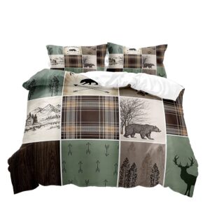 VIVIHOME 3PCS Rustic Cabin Bedding, Duvet Cover Queen, Woodland Animals Wildlife Deer Elk Moose Black Bear Hunting Lodge Country Farmhouse Bedding, Plaid Patchwork Quilt Comforter Cover, 2 Pillowcases