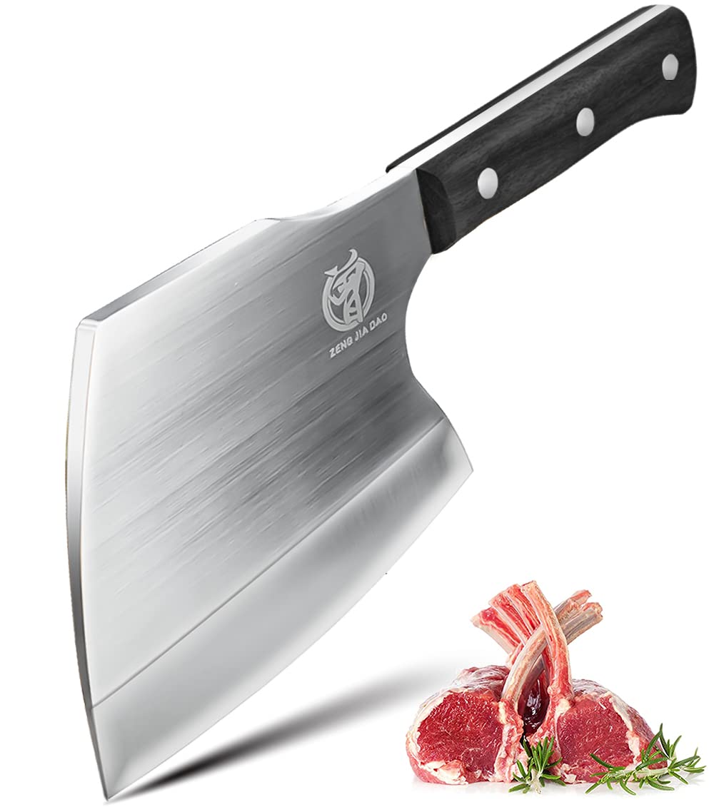 ZENG JIA DAO Big Bone Cutting Cleaver Knife - Super Heavy Duty Meat Axe Cleaver- Butcher Knife - Forged HC Steel - Black Pakka Wood Handle - Restaurant Farm Slaughterhouse Gift