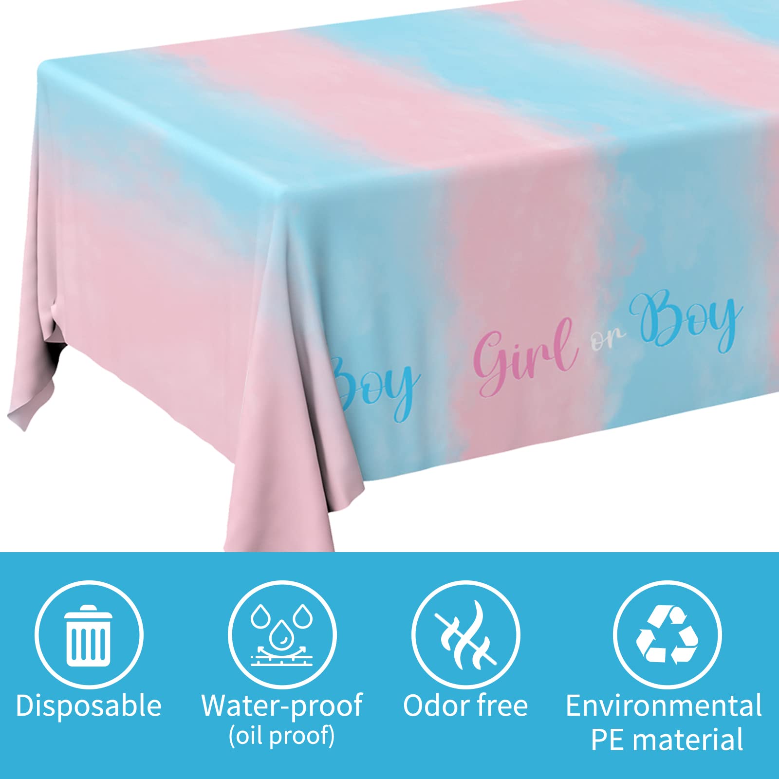 Gatherfun Gender Reveal Party Supplies Disposable Tablecloth Plastic Waterproof Table Cover for Boy or Girl Gender Reveal Party Baby Shower Birthday Party Decorations, 3 Pack 54X108inch