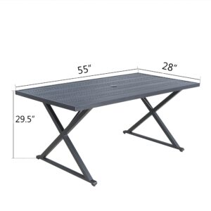 Ulax furniture Rectangle Outdoor Patio Dining Table - 55 x 28 Inches Steel Frame Table with Umbrella Hole for Garden, Lawn, Deck