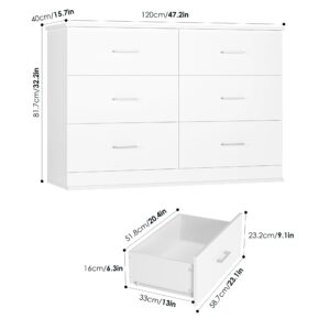 FOTOSOK White Dresser, 47.2'' Large 6 Drawer Dresser Wide Chest of Drawers for TV Stand, Modern Dresser White Floor Storage Drawer Cabinet for Home Office, White