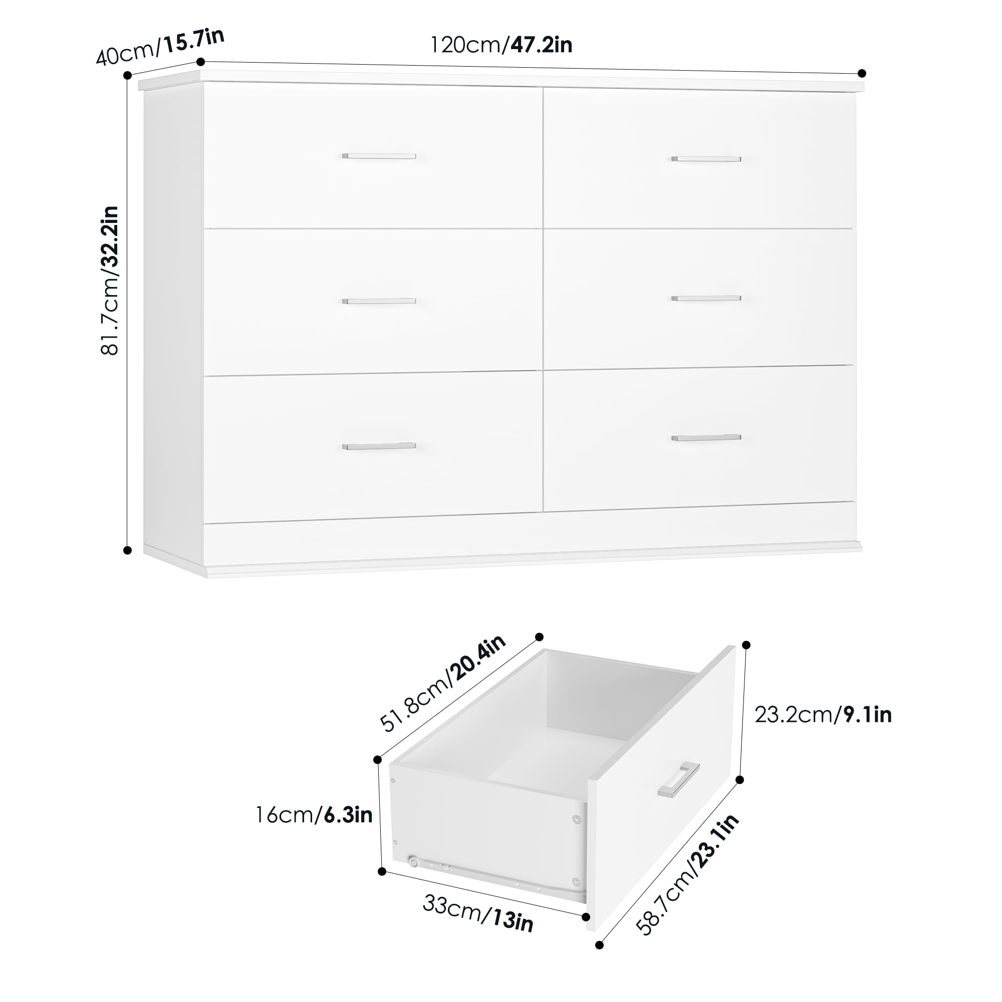 FOTOSOK White Dresser, 47.2'' Large 6 Drawer Dresser Wide Chest of Drawers for TV Stand, Modern Dresser White Floor Storage Drawer Cabinet for Home Office, White