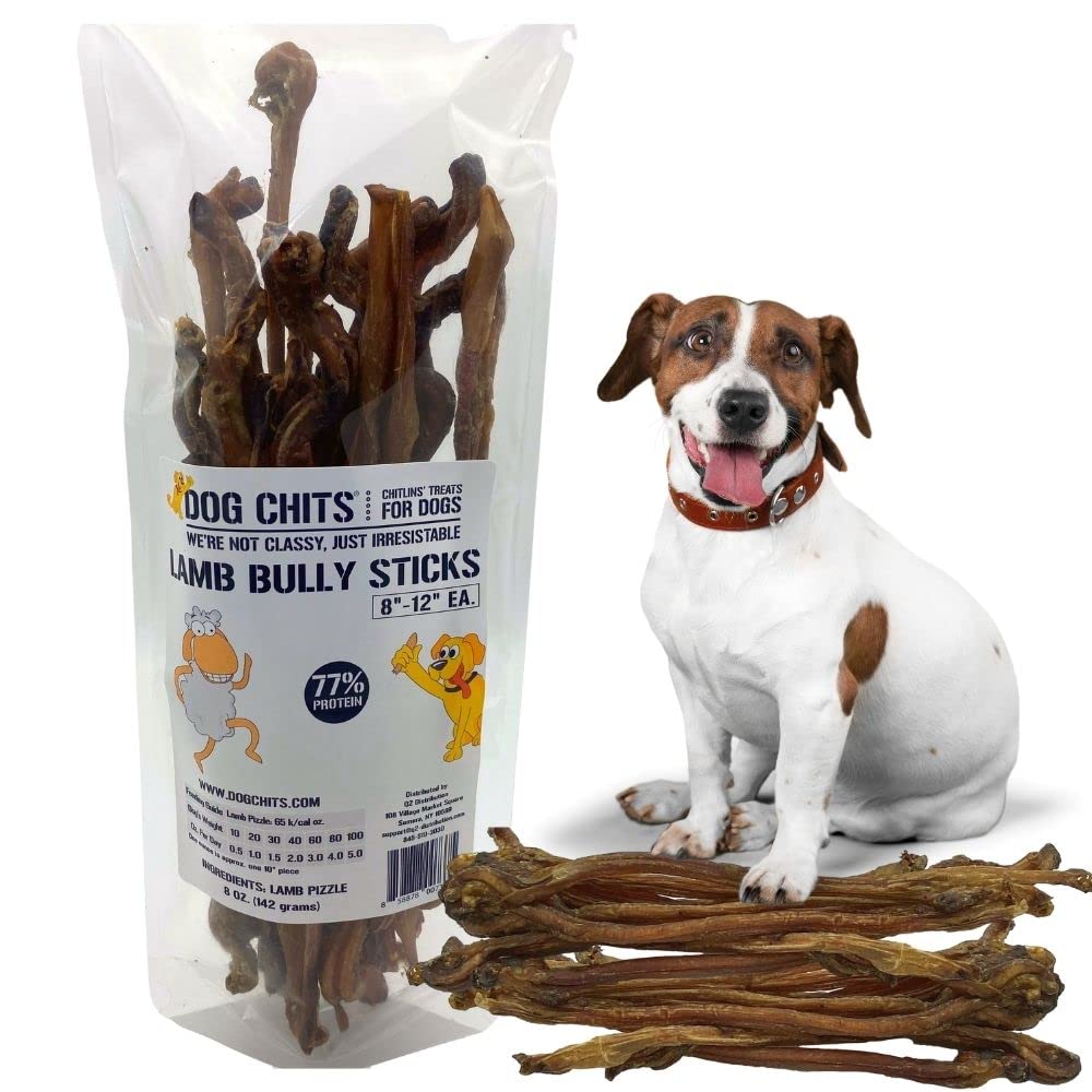 Dog Chits Lamb Bully Sticks for Dogs and Puppies | 8 oz (12 Pieces+) | Natural Healthy Long Lasting Chew for Large and Small Dogs Protein Treats | Odor Free