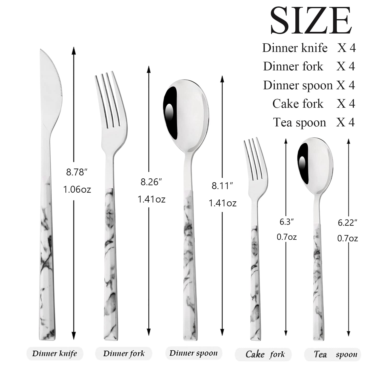 Snplowum 20 Piece (4 Set) Silver Stainless Steel Tableware With White Marble Handle, Wedding Cutlery And Daily Use, Silverware For Home Restaurant Party, Mirror Finished