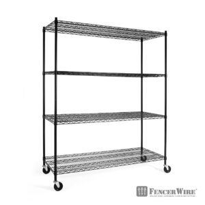 Fencer Wire 4-Tier Commercial Grade Heavy Duty Adjustable Height Wire Shelving w/Casters & Leveling Feet, Garage Shelving Storage Organizer, Storage Metal Steel Shelf, Utility Storage Shelf, Black..