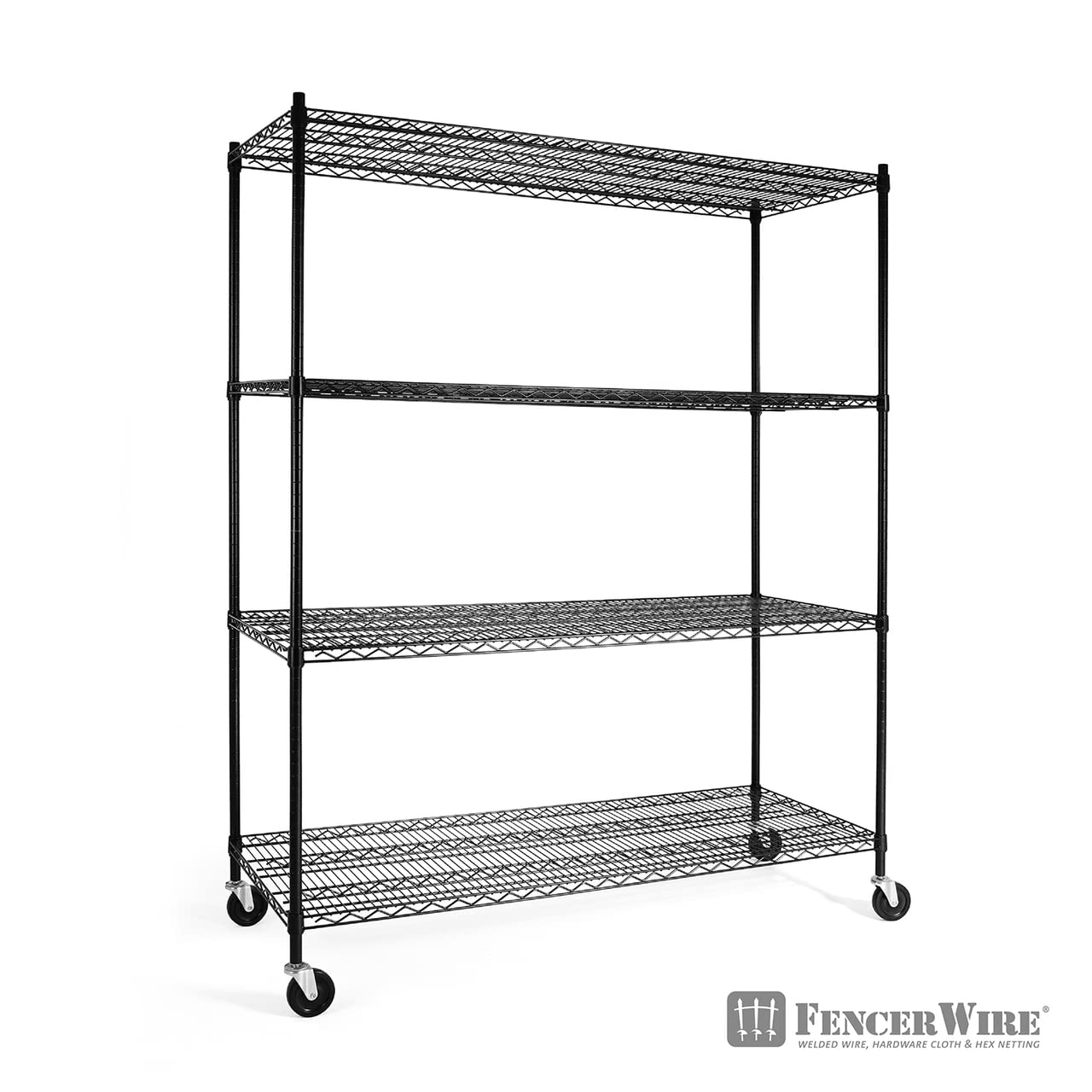 Fencer Wire 4-Tier Commercial Grade Heavy Duty Adjustable Height Wire Shelving w/Casters & Leveling Feet, Garage Shelving Storage Organizer, Storage Metal Steel Shelf, Utility Storage Shelf, Black..