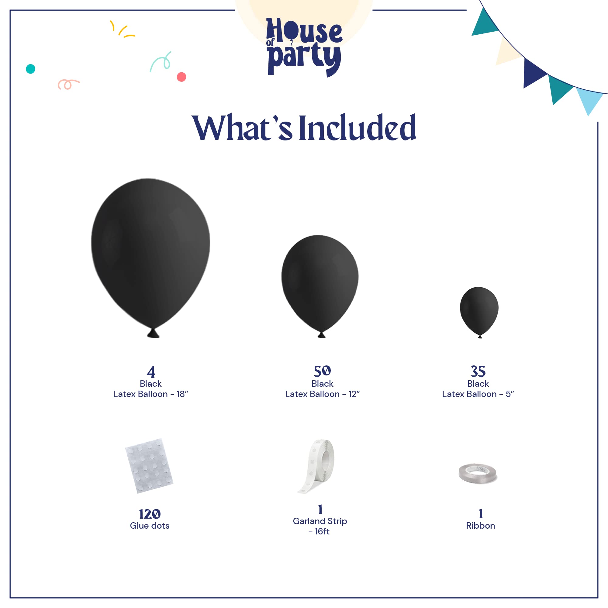 HOUSE OF PARTY Black Balloon Garland Kit - 5/12/18 Inch | Black Latex Balloons Different Sizes Pack for Halloween Birthday Party Decorations