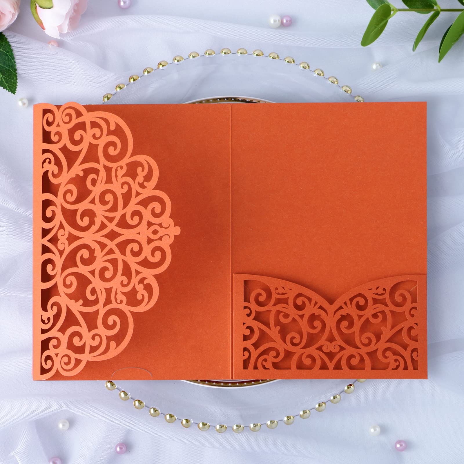 PONATIA 20 PCS Laser Cut Invitations Pockets, Terracotta Wedding Invitations with Envelopes for Wedding Party Bridal Shower Engagement Birthday Invite,Autumn Wedding Invitations