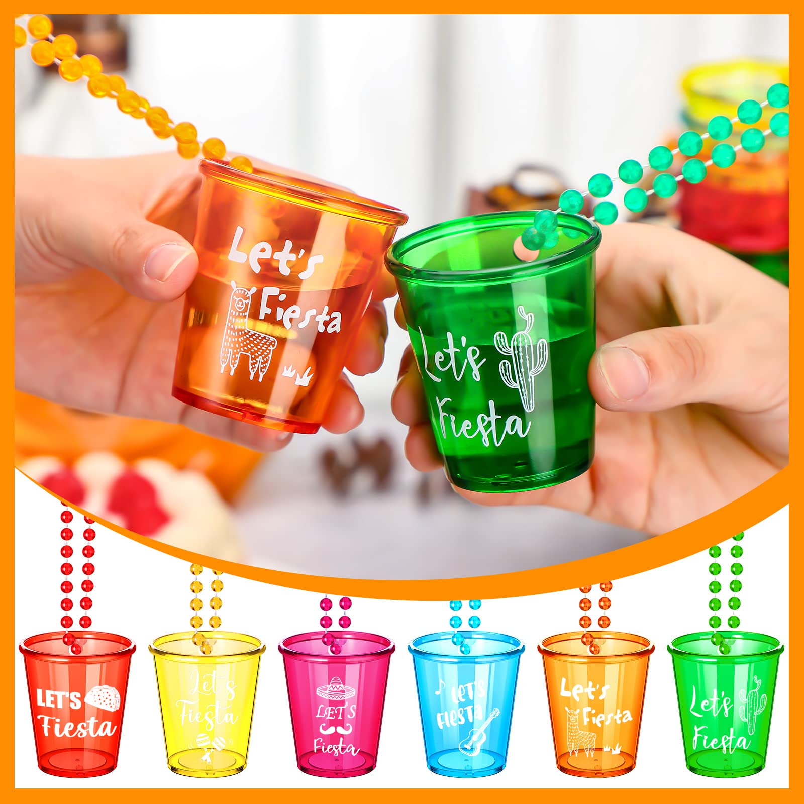 12 Packs Let's Fiesta Shot Glass Necklaces Bead Cinco De Mayo Necklace Plastic Shot Glasses Party Necklaces Mexican Shot Necklace Cup for Bachelorette Party Favors Fiesta Party Supplies, Multi Color