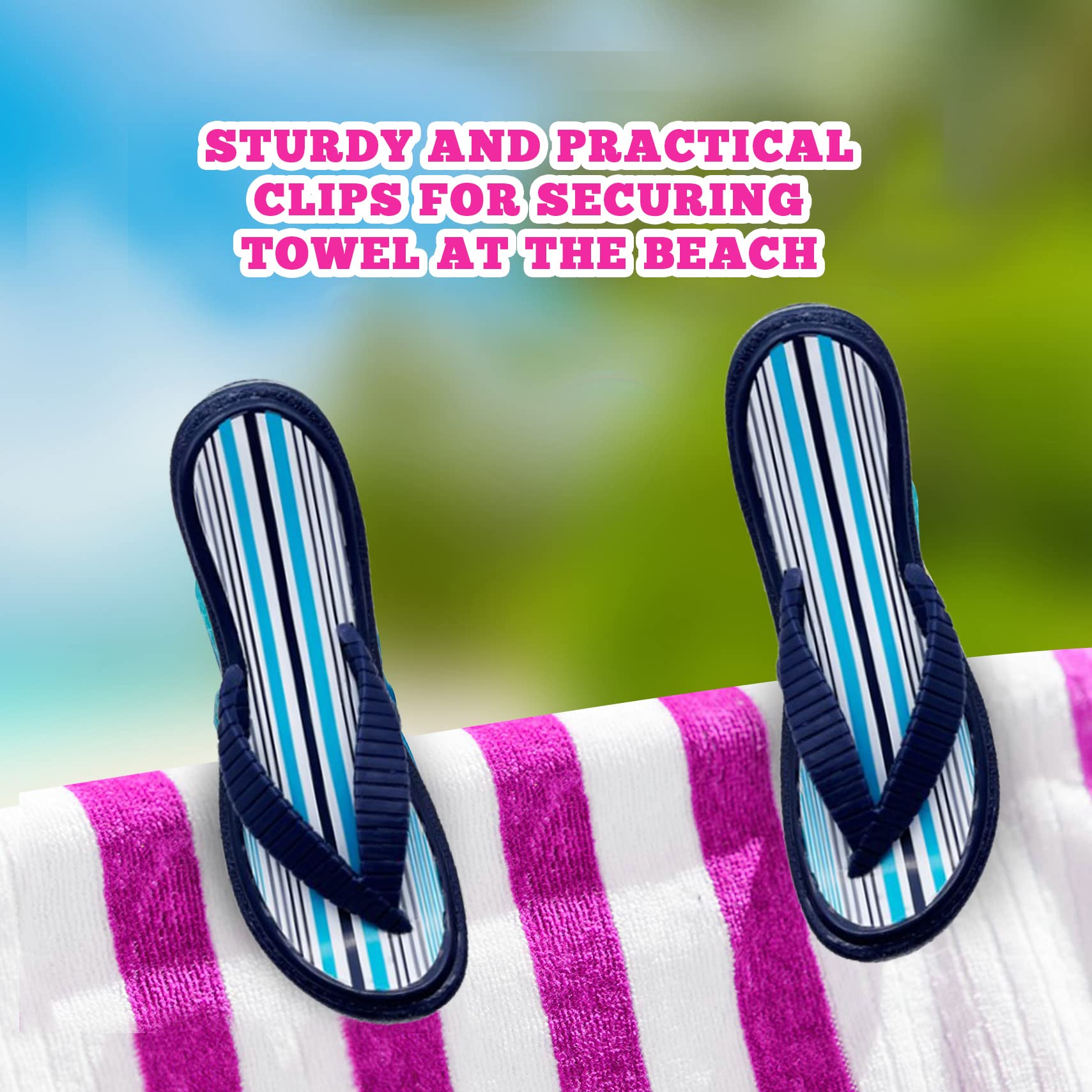 PERFORMORE Flip Flop Beach Towel Clips (Blue Strap), 2-Pack, Portable Towel Holder Clips, Secure Clips for Beach Chairs Deck Patio Pool Boat Cruise Lounge Chair Accessories