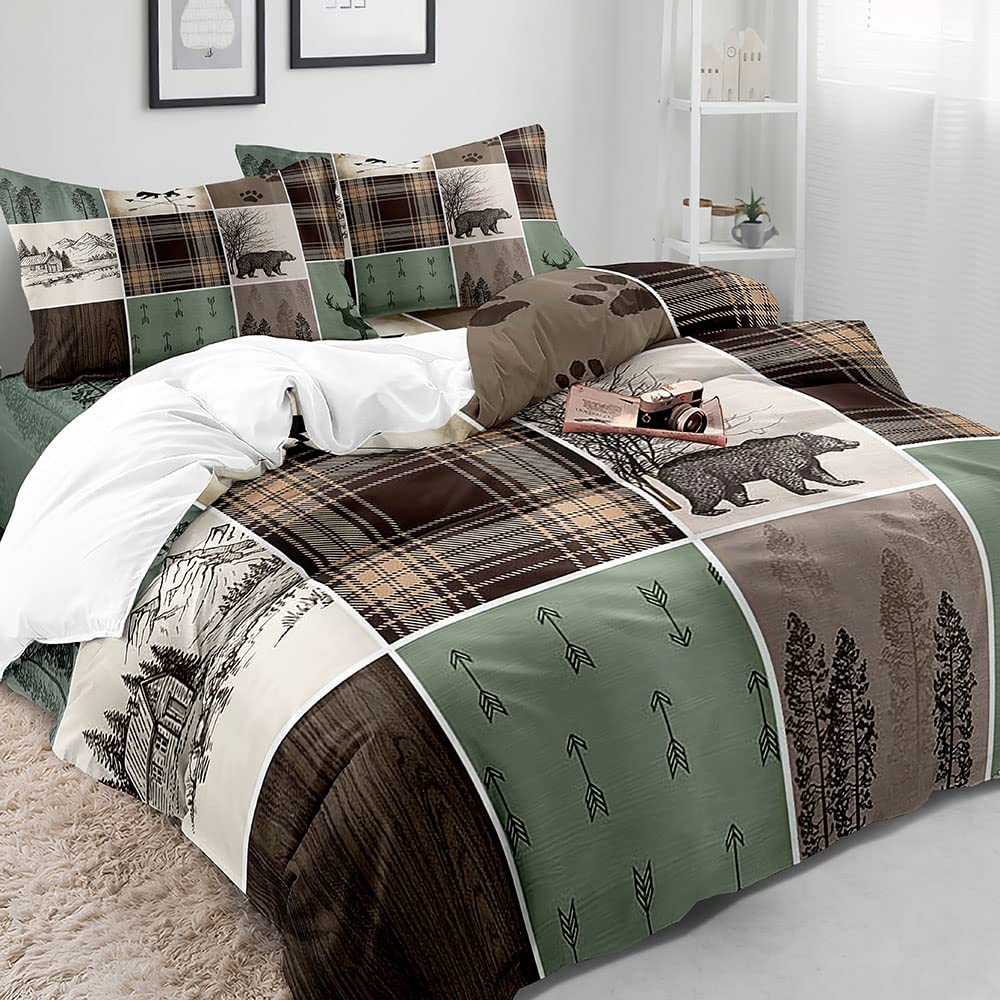 VIVIHOME 3PCS Rustic Cabin Bedding, Duvet Cover Queen, Woodland Animals Wildlife Deer Elk Moose Black Bear Hunting Lodge Country Farmhouse Bedding, Plaid Patchwork Quilt Comforter Cover, 2 Pillowcases